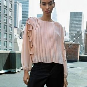 Zara long sleeve high neck blouse nude tan pink blush pleated ruffles size XL